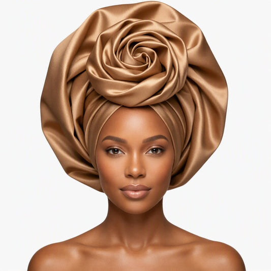 Gold Satin Rose Turban - sculptural rose bloom headwrap by Tinkers