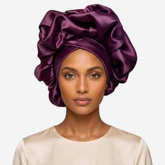 Deep Plum Satin Bonnet Turban - oversized luxury plum headwrap by Tinkers