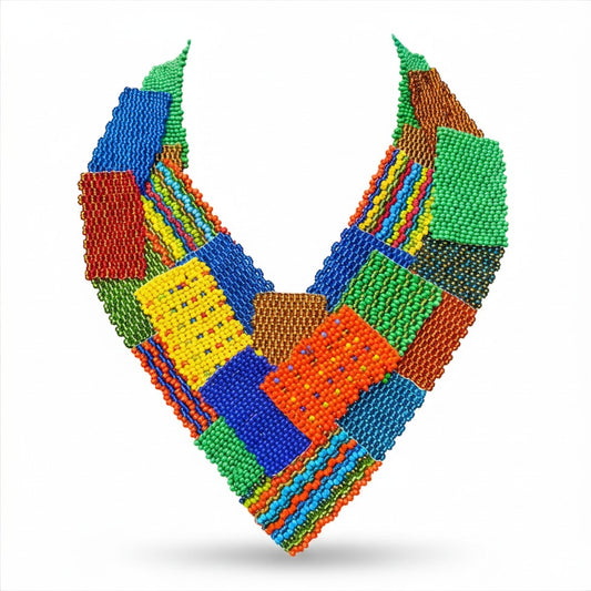 Product shot of the Beaded Collar Necklace in a multicolour patchwork of green, blue, red, yellow and orange beaded panels, on a white background.