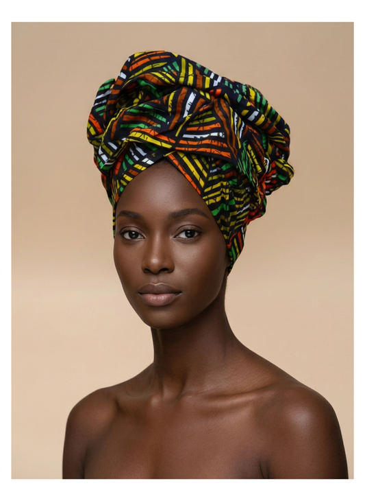 Model wearing the Safari Mosaic ready-to-wear African headwrap in a navy base with green, yellow, orange and white geometric pattern, against a plain beige background.