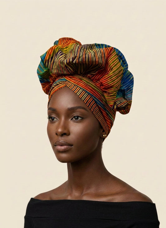 Model wearing the Rainbow Heritage ready-to-wear African headwrap in multicoloured diagonal stripes of orange, yellow, blue and green, against a plain cream background.