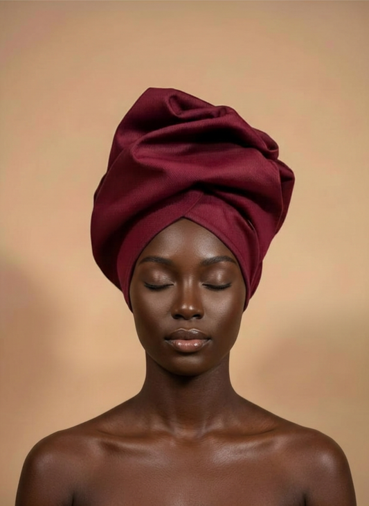 Model wearing the Burgundy Luxe ready-to-wear African headwrap in solid deep burgundy fabric, against a plain warm beige background.