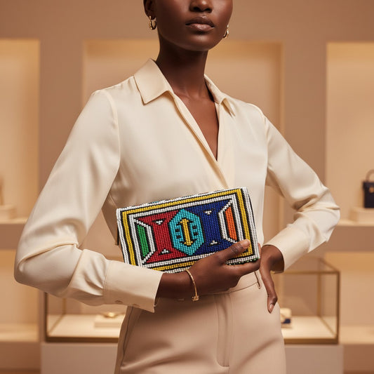 Tinkers handcrafted beaded zip wallet with geometric Ndebele patterns in vibrant colors held by a woman.