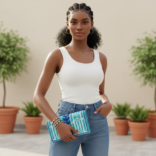 Tinkers turquoise and navy geometric beaded clutch with zigzag motif held by a woman in a white tank top and jeans.