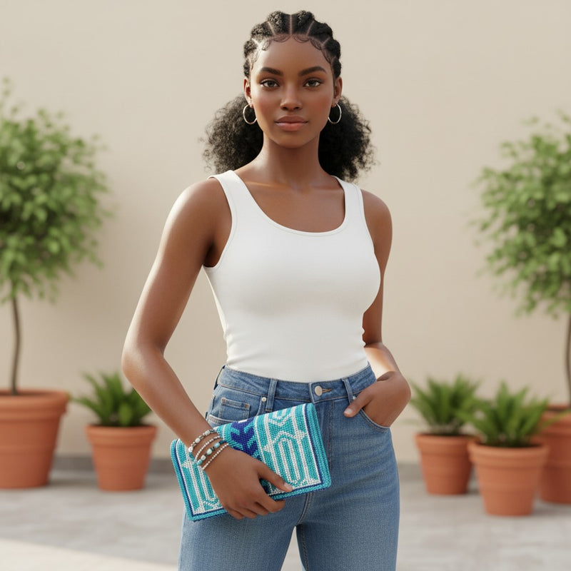 Turquoise & Navy Geometric Beaded Clutch - hover