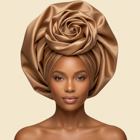Gold Satin Rose Turban on cream background