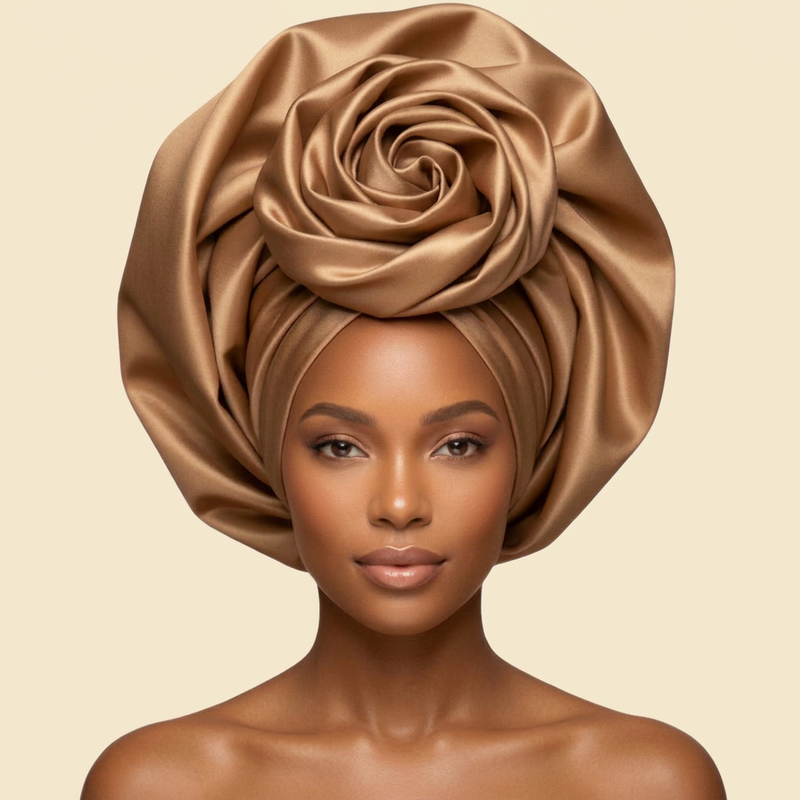 Gold Satin Rose Turban on cream background