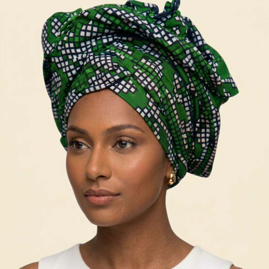 Forest Green Checkered Ankara Headwrap on cream background