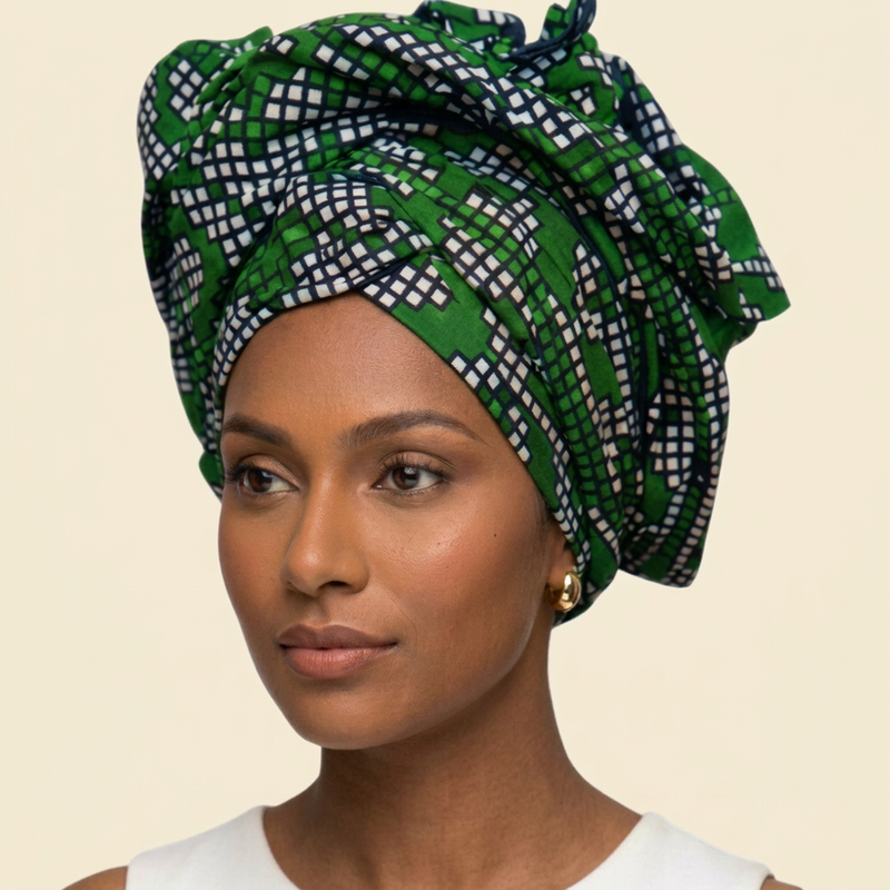 Forest Green Checkered Ankara Headwrap on cream background