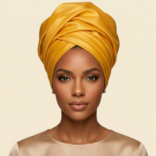 Marigold Satin Crown Turban on cream background
