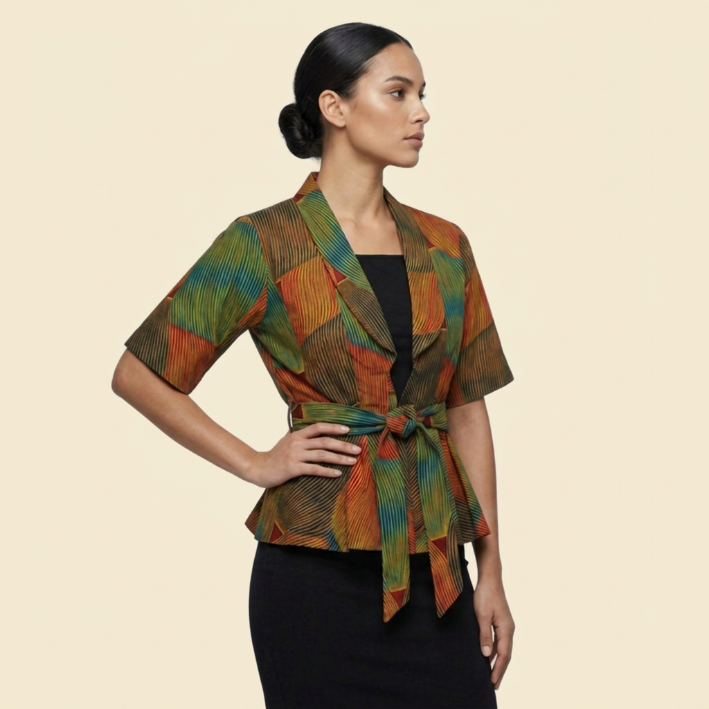 The Tail African Ankara Kimono Wrap Top on cream background