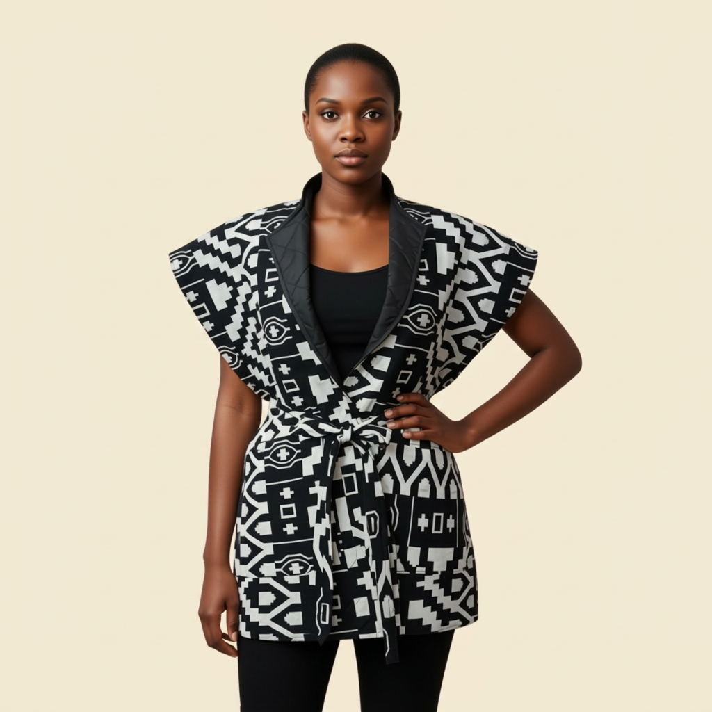 Reversible African Geometric Body Warmer on cream background