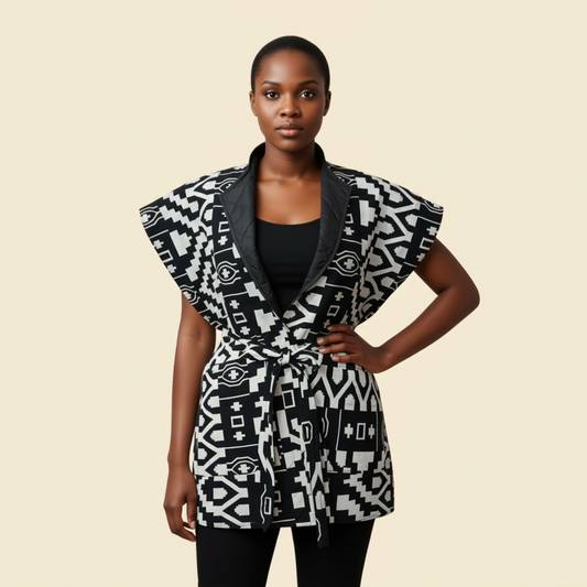 Reversible African Geometric Body Warmer on cream background