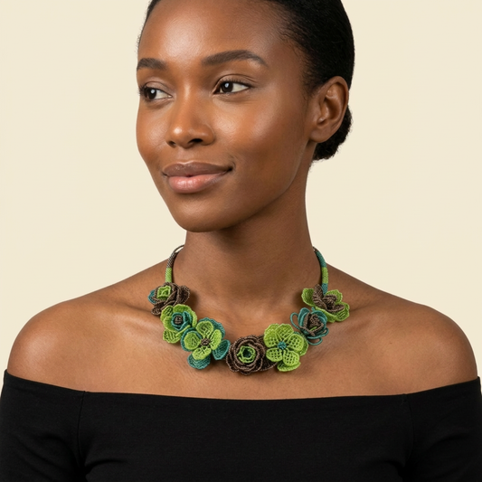 Garden Bloom Beaded Floral Necklace on cream background