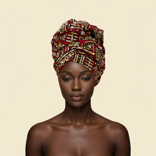 Crimson Mosaic African Headwrap on cream background