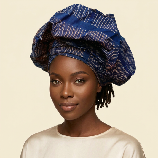 Navy Ankara Print Bonnet on cream background