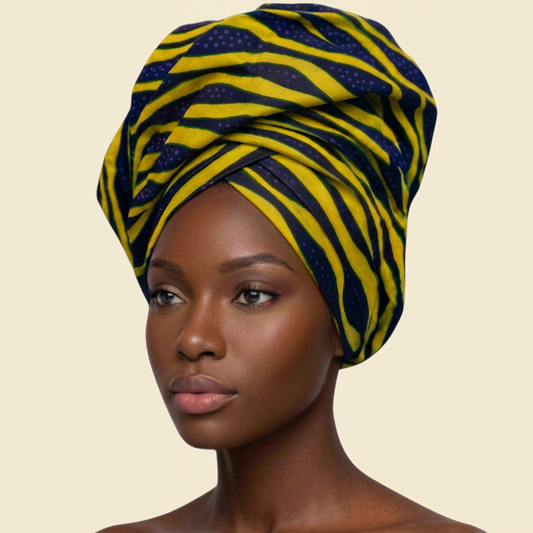 Yellow and Navy Stripe Ankara Crown on cream background
