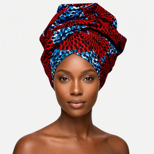 Red and Blue Ankara Crown Wrap - bold mixed print African headwrap by Tinkers