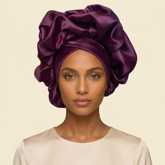 Deep Plum Satin Bonnet Turban on cream background