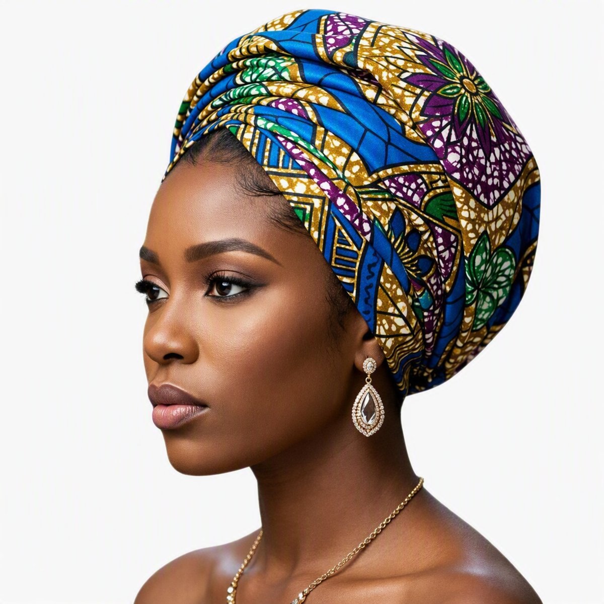 Cobalt Bloom Ankara Crown Wrap - electric blue purple and green floral headwrap by Tinkers