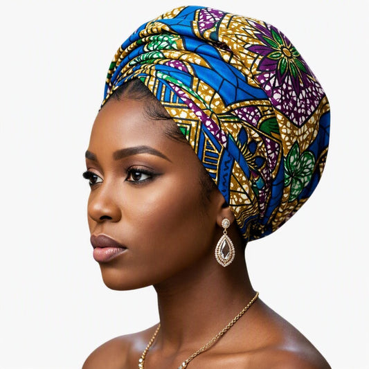 Cobalt Bloom Ankara Crown Wrap - electric blue purple and green floral headwrap by Tinkers