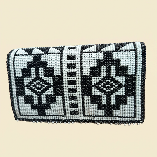 Black White Abstract Beaded Clutch cream background