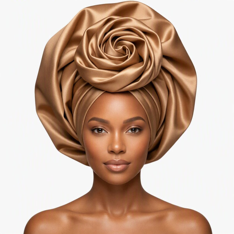 Gold Satin Rose Turban - sculptural rose bloom headwrap by Tinkers