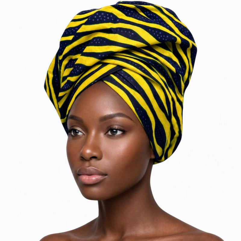 Yellow and Navy Stripe Ankara Crown - bold striped African headwrap by Tinkers