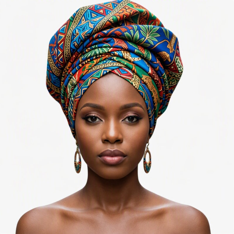 Wildlife Ankara Gele - multicolor African nature print headwrap by Tinkers