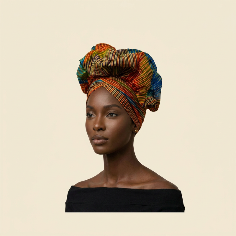 Rainbow Heritage African Headwrap on cream background