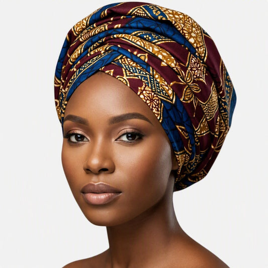 Royal Ankara Heritage Turban - burgundy, royal blue and gold wax print headwrap by Tinkers