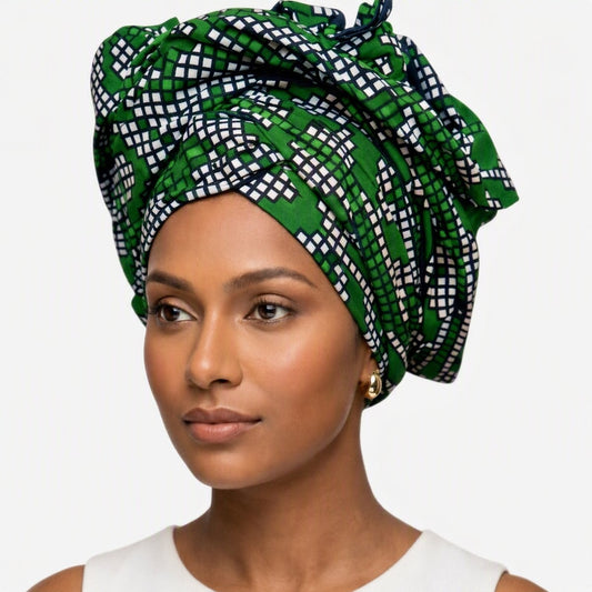 Forest Green Checkered Ankara Headwrap - geometric African wax print headwrap by Tinkers