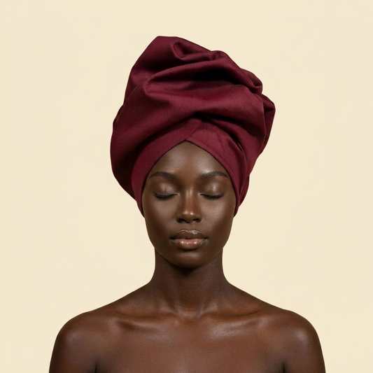 Burgundy Luxe African Headwrap on cream background