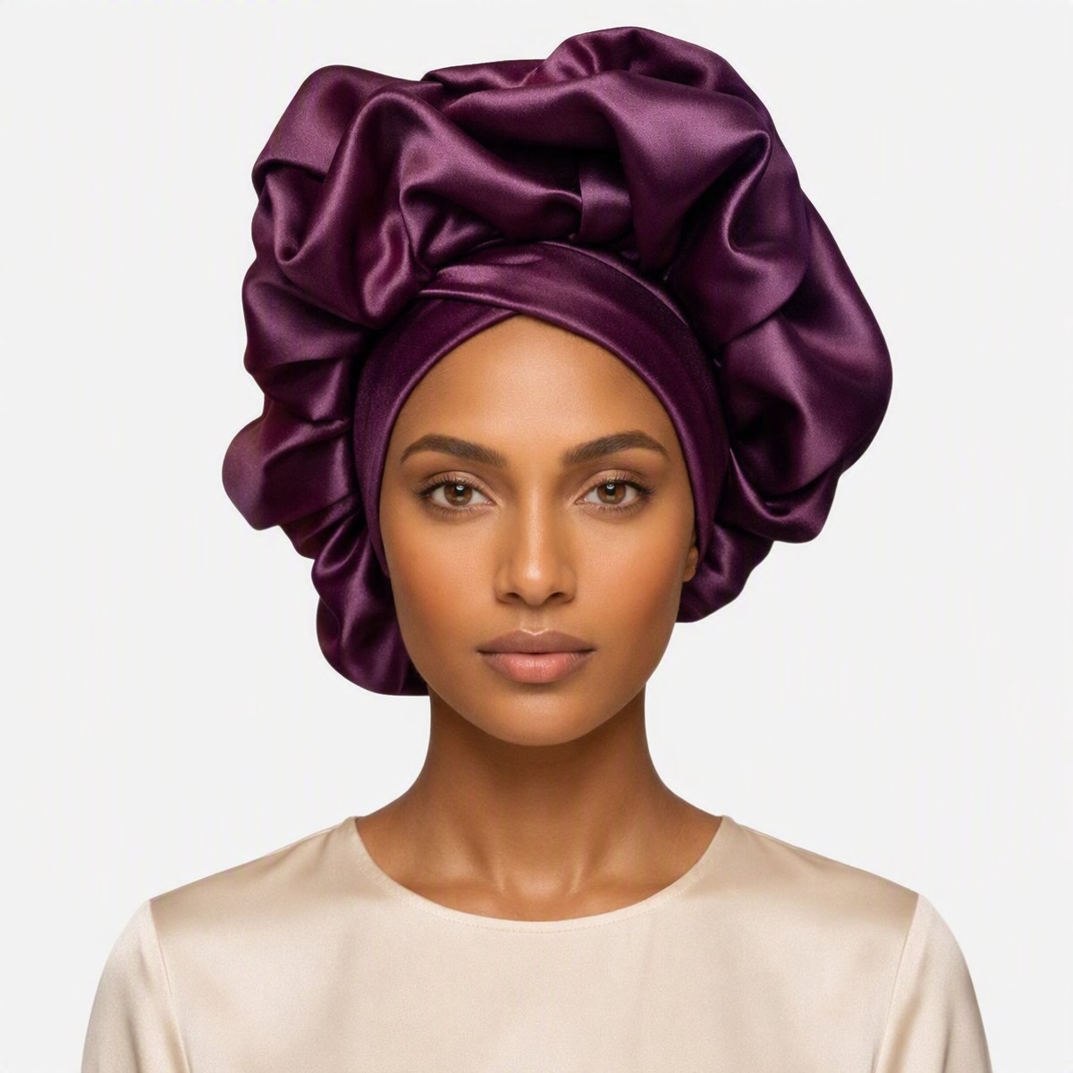 Deep Plum Satin Bonnet Turban - oversized luxury plum headwrap by Tinkers