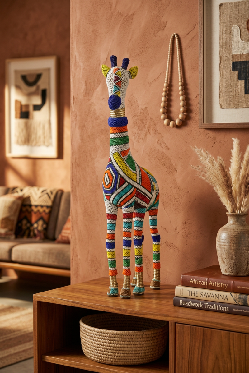 The Ndebele Beaded Giraffe Sculpture displayed on a wooden console table in a warm terracotta-toned room setting with books, a woven basket and dried pampas grass.