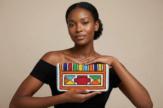 Model in a black off-shoulder top holding the Ndebele Beaded Clutch — a rectangular clutch with multicolour geometric Ndebele beadwork in orange, red, blue, yellow, green and turquoise.