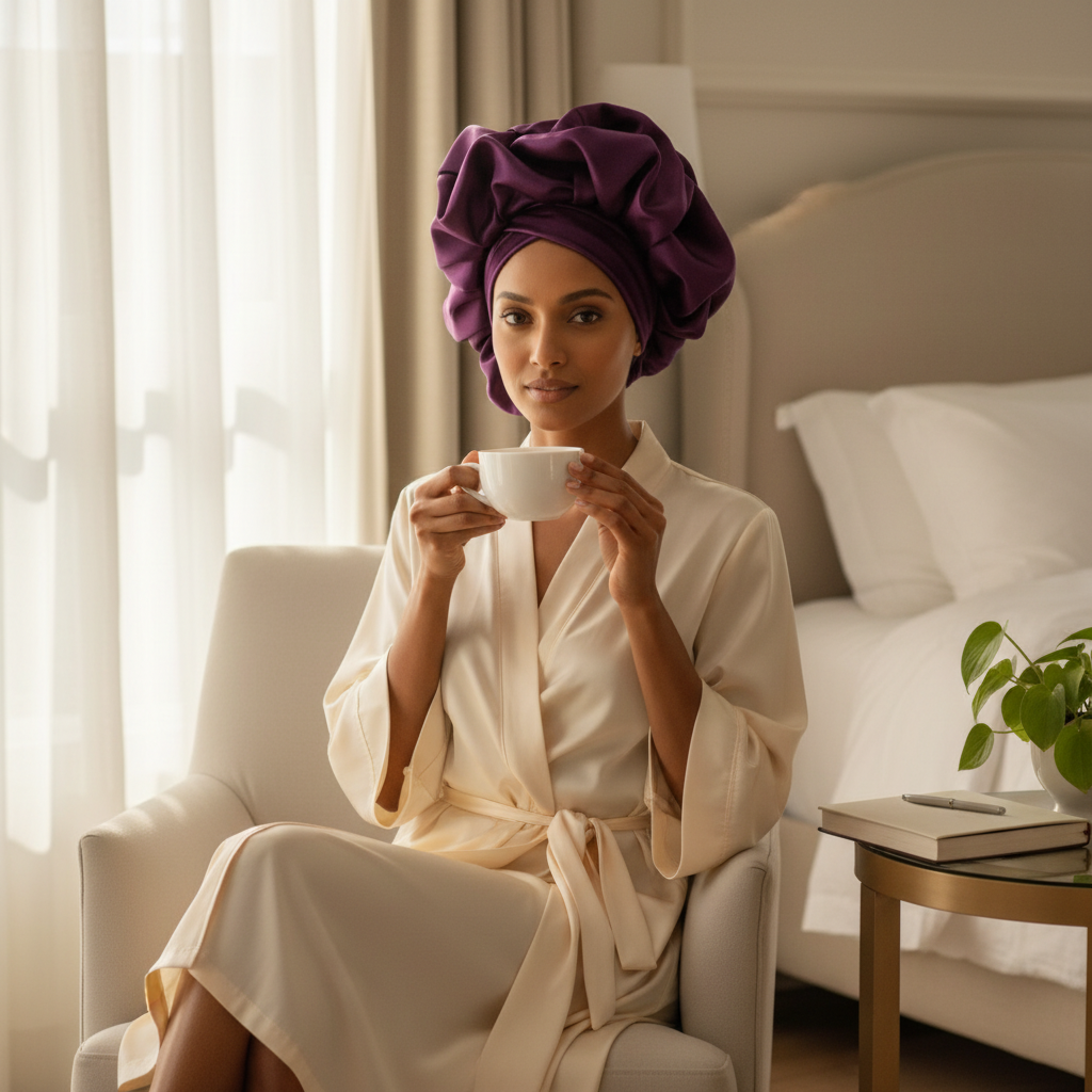 Model in a bedroom setting wearing the Deep Plum Satin Bonnet Turban in solid deep purple satin, styled in a rounded voluminous bonnet with soft draped folds.