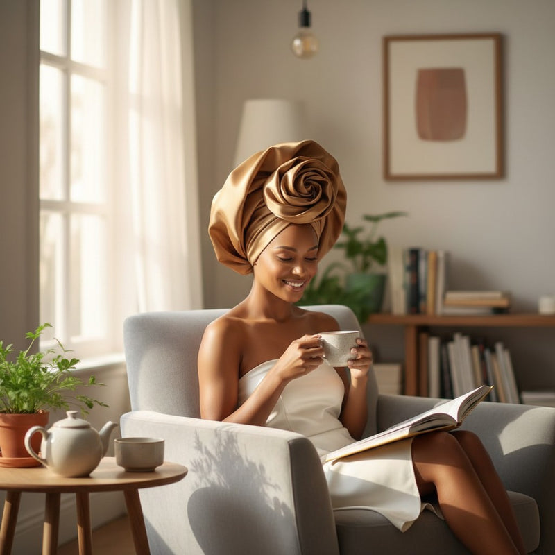 Model in an armchair wearing the Gold Satin Rose Turban in solid gold satin, styled with a large rosette-shaped knot at the front.