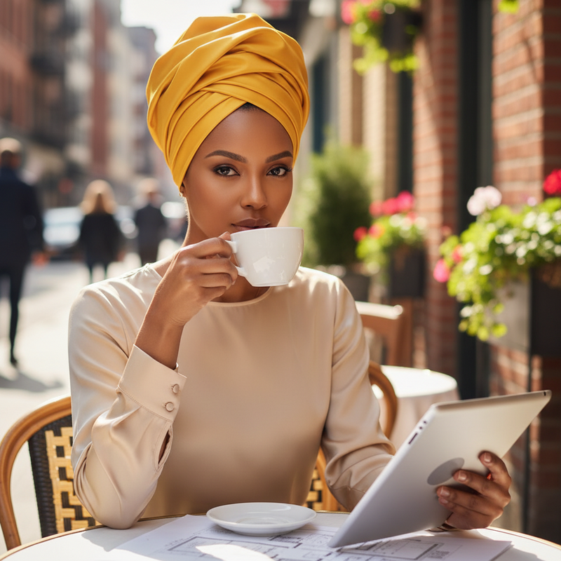 Model at a cafe table wearing the Marigold Satin Crown Turban in solid mustard-yellow satin, styled in a layered twisted crown with visible pleats.