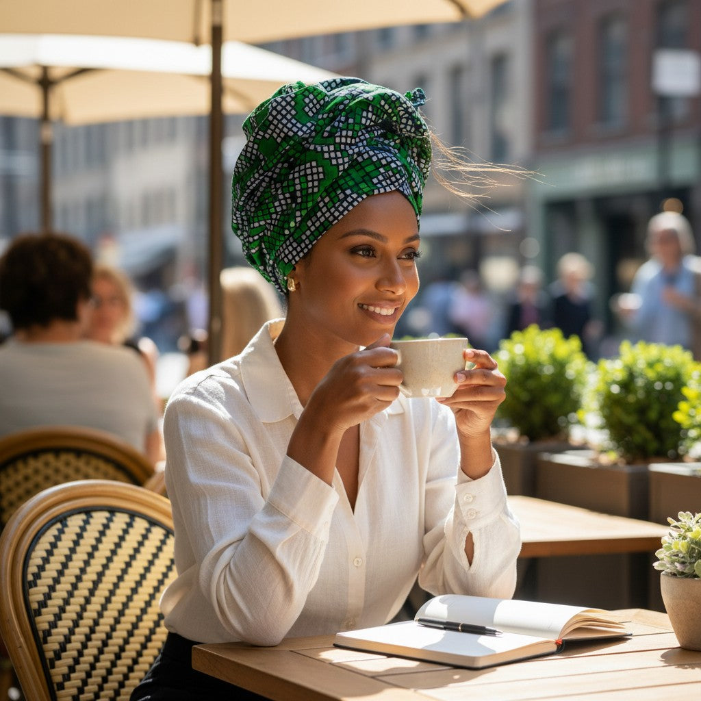 Model at an outdoor cafe wearing the Forest Green Checkered Ankara Headwrap in green, white and black checkered geometric diamond print, tied in a gathered voluminous knot.