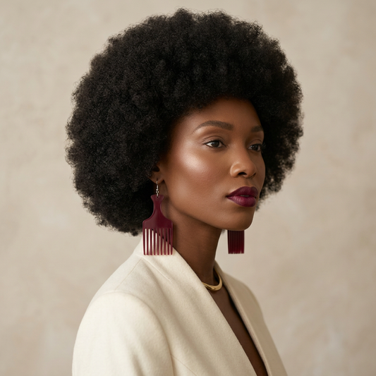 Model with a natural afro hairstyle wearing Burgundy Heritage Comb Earrings in deep wine red, paired with a cream blazer, against a neutral beige backdrop.