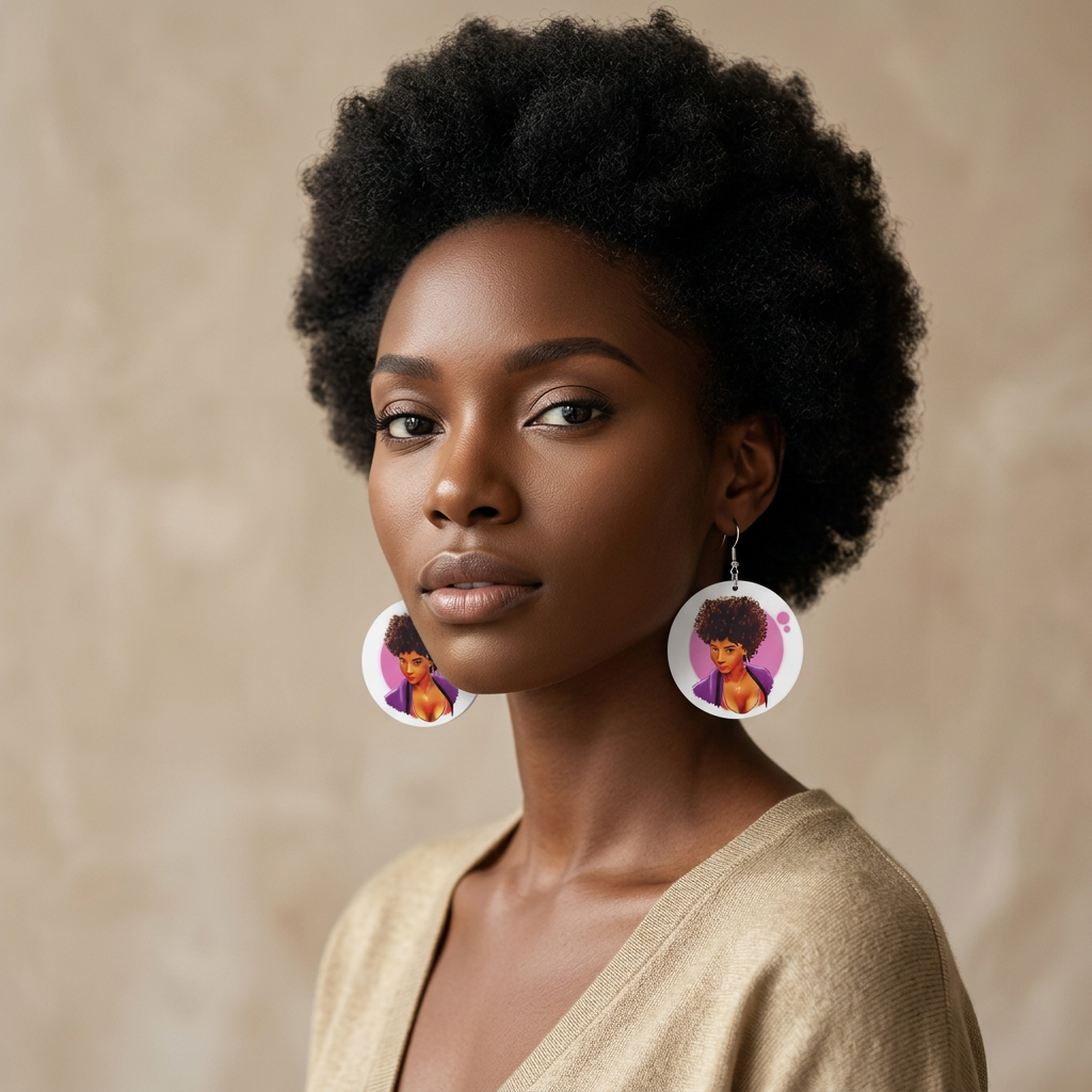 Model with a short natural afro wearing the Natural Beauty African Art Earrings — round white disc earrings with a printed African woman portrait in pink and purple tones, against a beige backdrop.