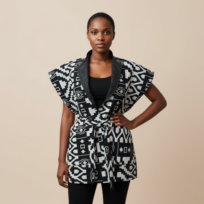Model wearing the Reversible African Geometric Body Warmer in a black and white geometric pattern with squared shoulders and shawl collar showing black quilted reverse, against a plain beige background.