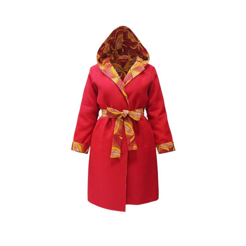 2-in-1 Long Sleeve Hooded African Print Coat - ghost mannequin