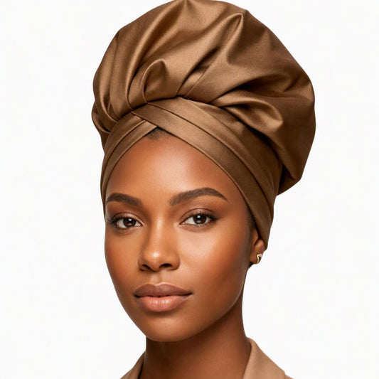 Cognac Crown Satin Turban - warm caramel brown satin headwrap by Tinkers