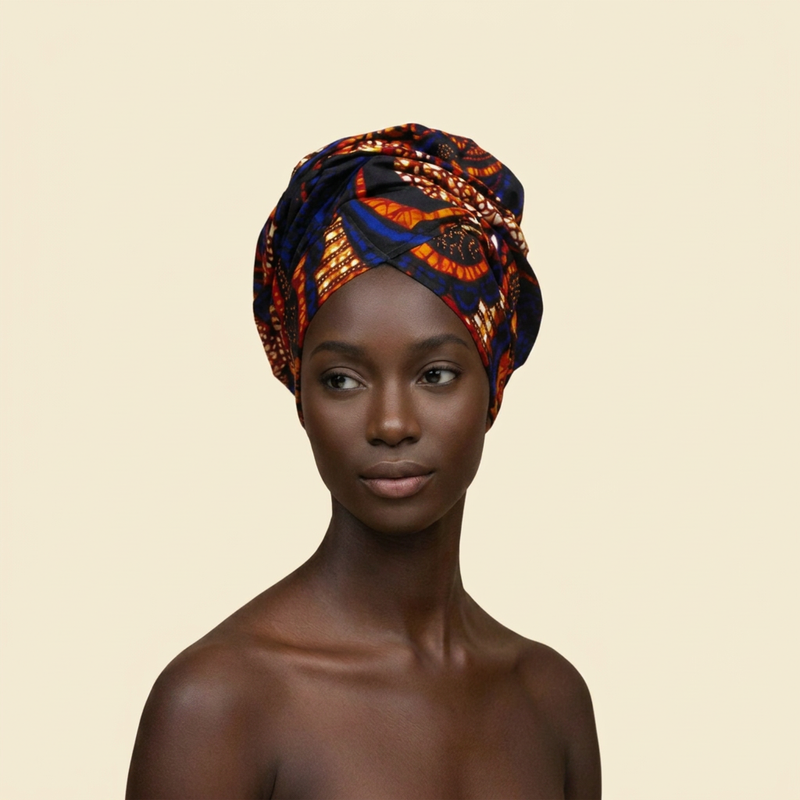 Indigo Heritage African Headwrap on cream background