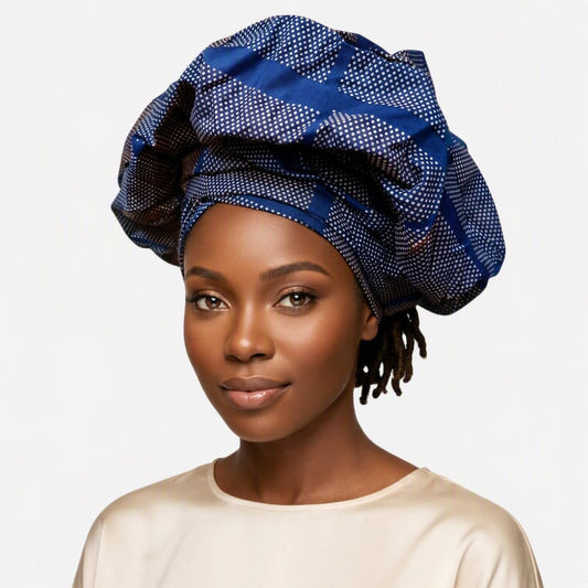 Navy Ankara Print Bonnet - navy blue plaid dotted headwrap by Tinkers