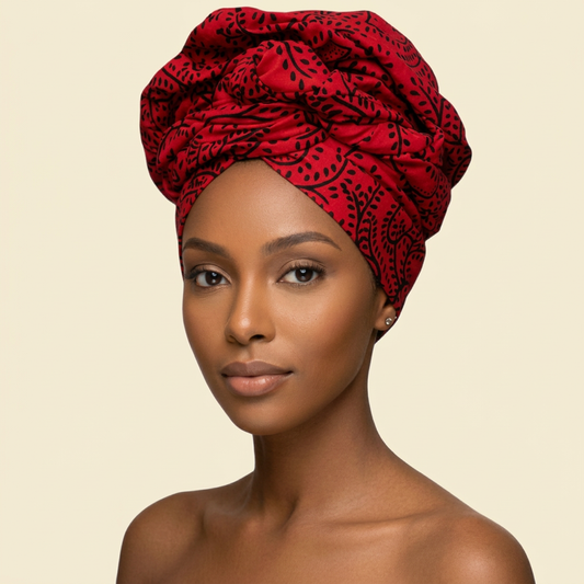 Red Ankara Botanical Headwrap on cream background