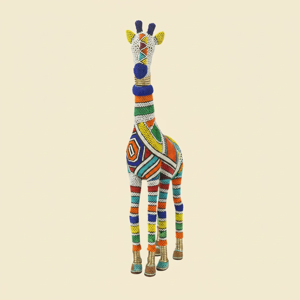 Ndebele Beaded Giraffe Sculpture on cream background
