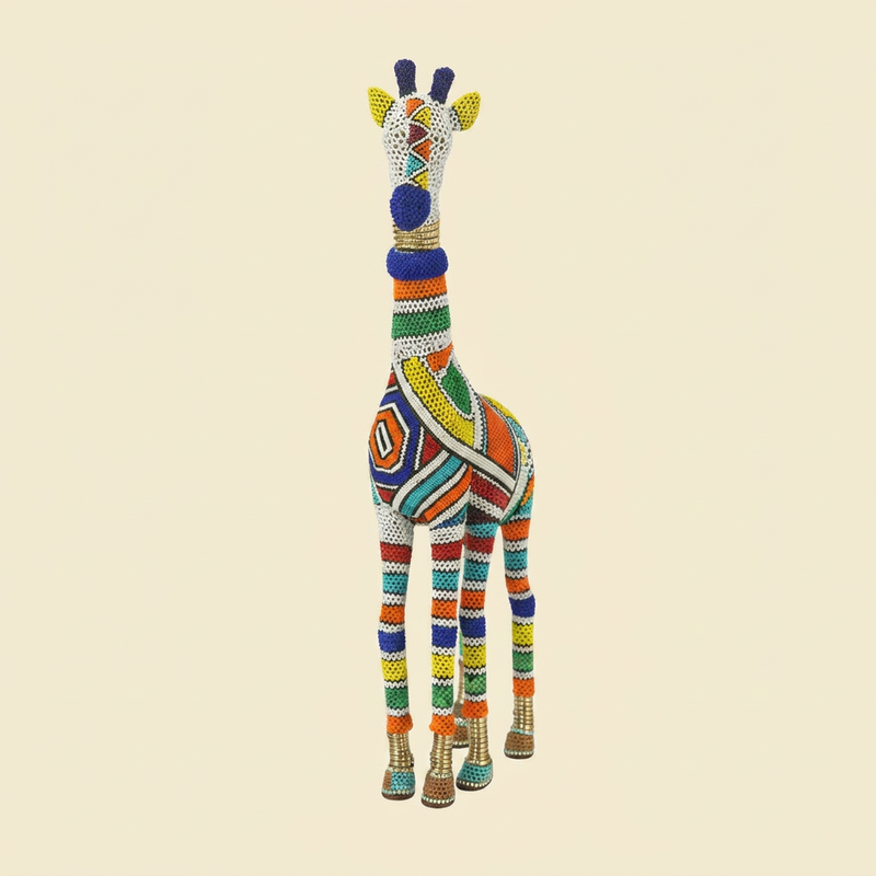 Ndebele Beaded Giraffe Sculpture on cream background